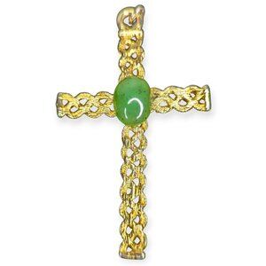 Gold Tone Twisted Cross Pendant with Oval Green Stone 3" x 2"